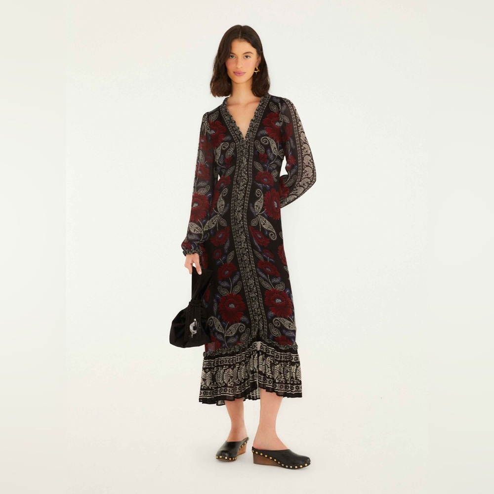 Farm Rio Black Valentina Ruffled Long Sleeve Midi Dress